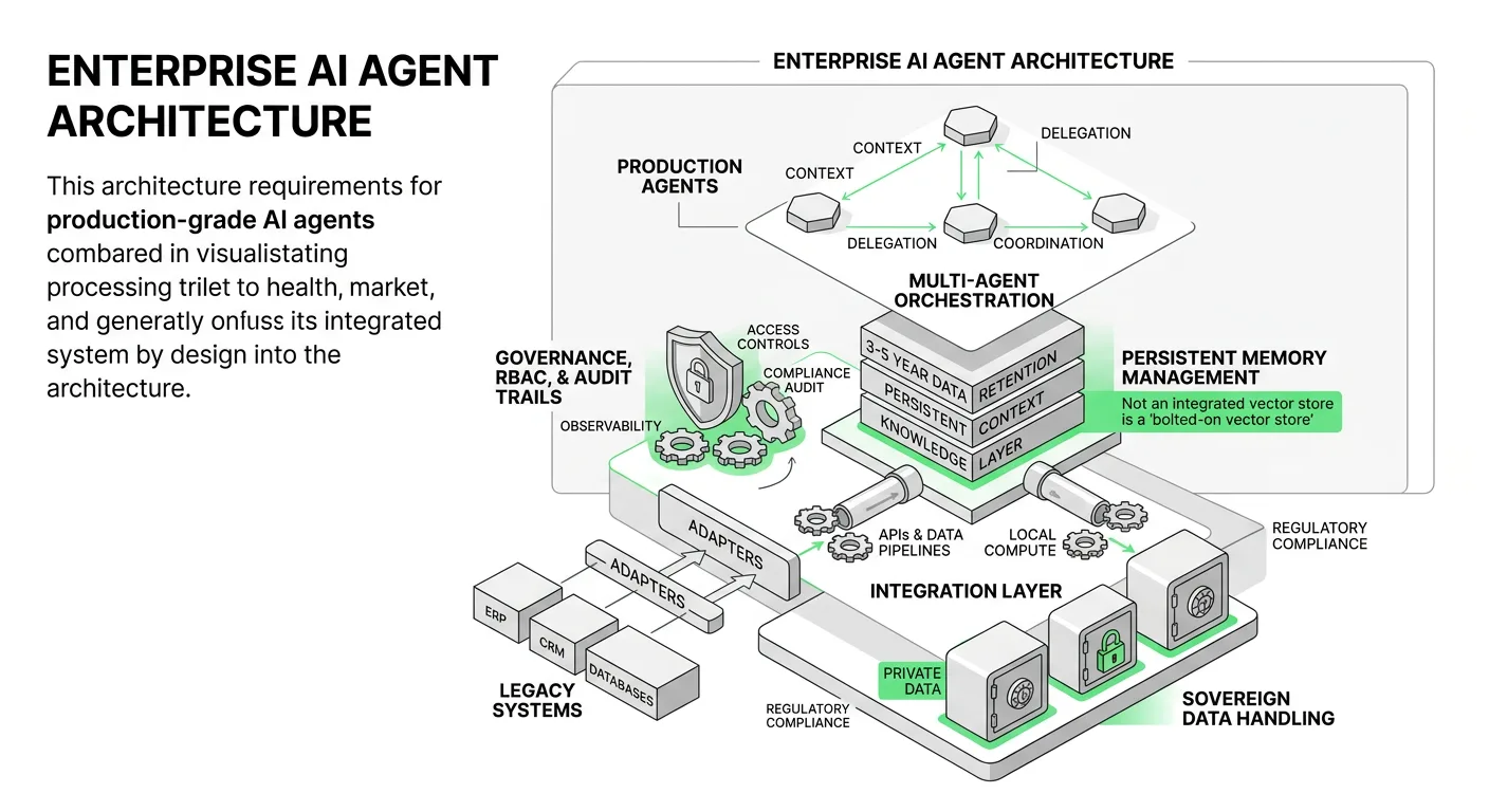 A layered architecture diagram showing the five production-grade infrastructure components (memory management, multi-agent orchestration, governance/RBAC, legacy integration, and sovereign data handling) as interconnected layers within an enterprise boundary, with arrows illustrating data and control flow between agents and systems.