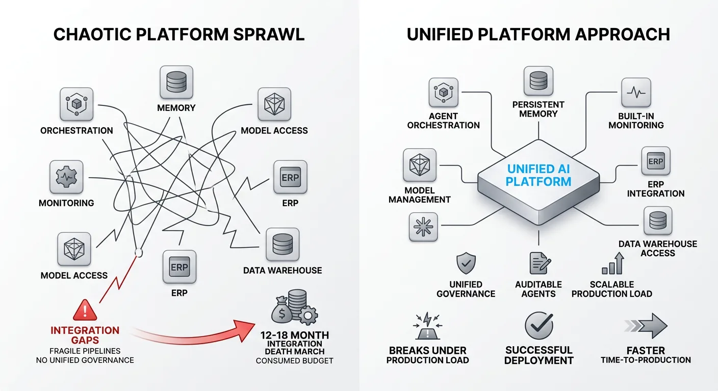 A side-by-side comparison illustration contrasting a chaotic 'platform sprawl' scenario showing disconnected tool icons (orchestration, memory, monitoring, model access, ERP, data warehouse) with tangled connectors on the left, versus a unified platform approach with clean, governed integrations on the right.