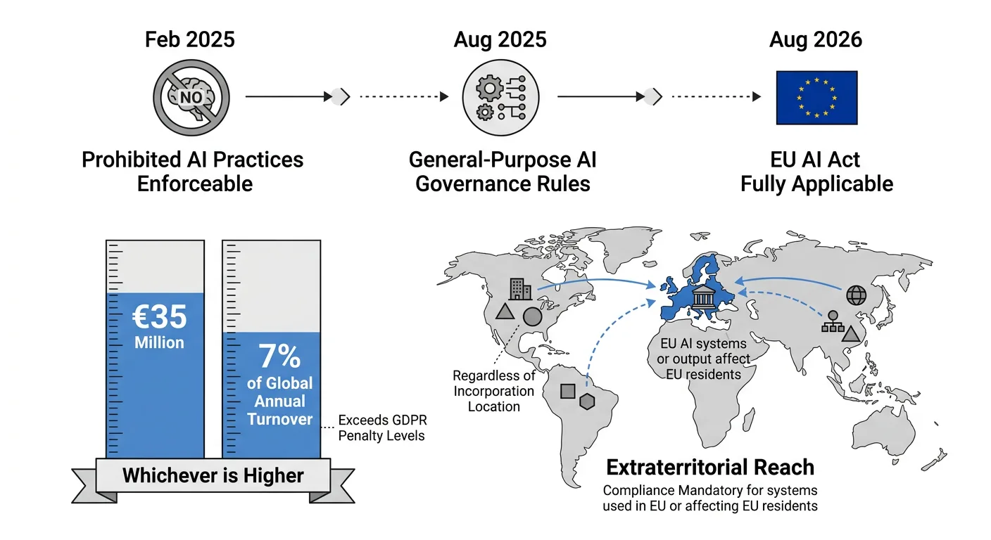 A regulatory timeline graphic showing key EU AI Act enforcement milestones from February 2025 through August 2026, with penalty thresholds displayed alongside a world map illustrating the law's extraterritorial reach.