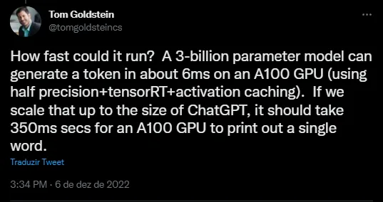 tweet by Tom Goldstein about speed that chatgpt can generate a token