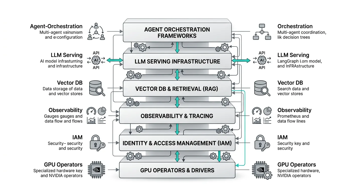 A layered architecture diagram showing the six components of a self-assembled on-prem agentic AI Kubernetes stack (GPU operators, LLM serving, vector databases, orchestration, observability, and IAM) stacked vertically with connecting arrows to illustrate integration complexity.