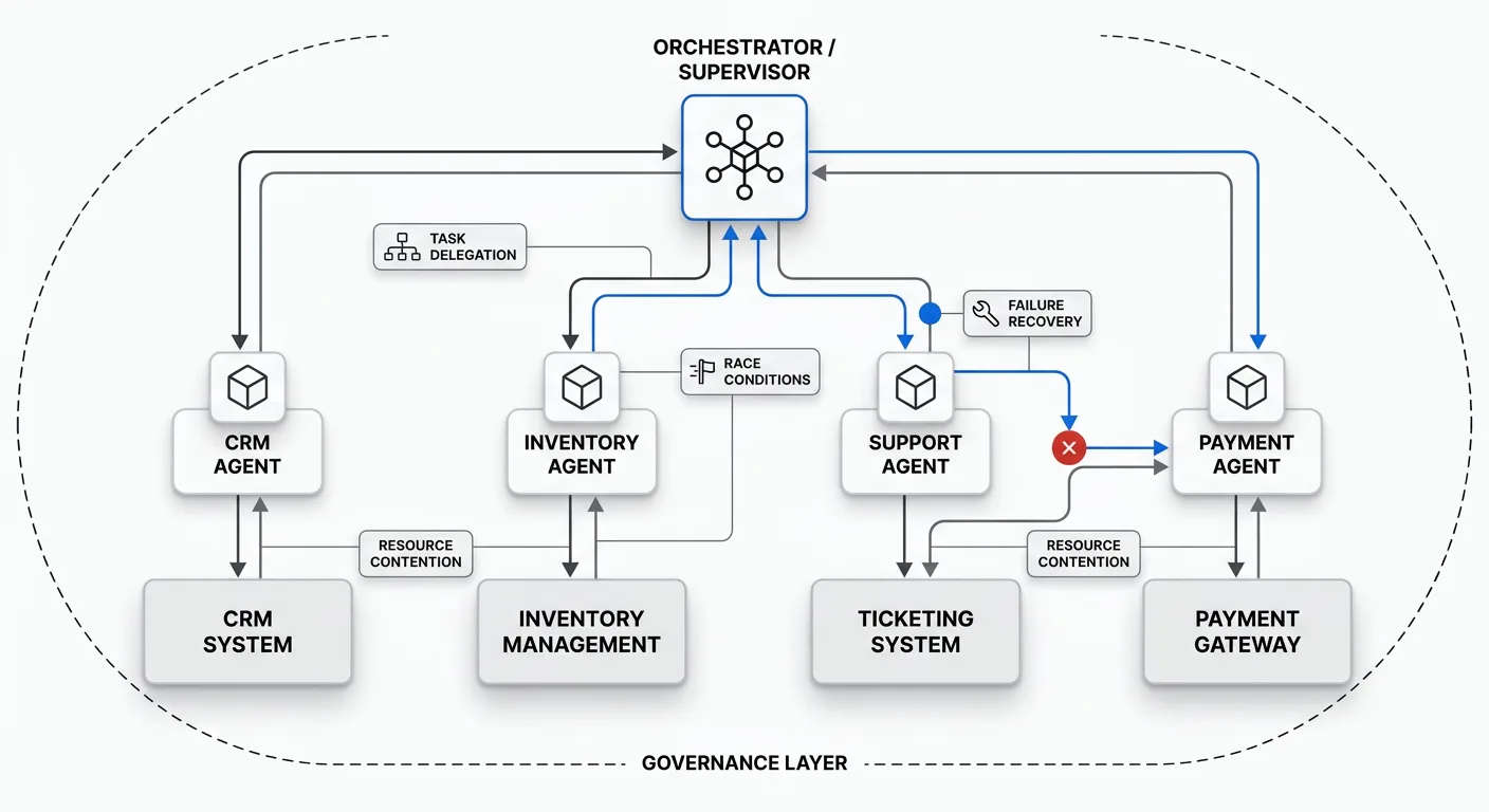 A workflow diagram showing a supervisor agent at the top delegating tasks to specialized sub-agents connected to CRM, inventory, support ticketing, and payment systems, with arrows illustrating task delegation and feedback loops.