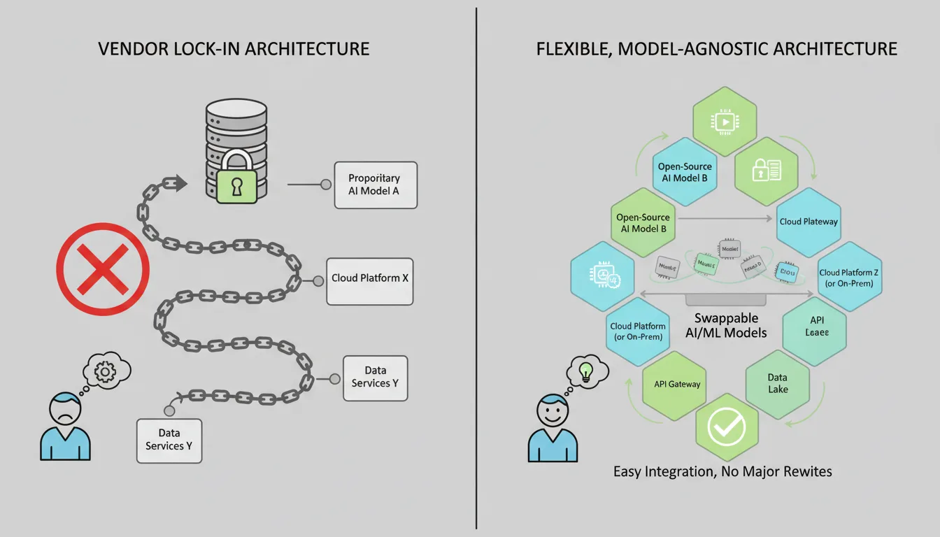 A diagram illustrating vendor lock-in architecture versus flexible, model-agnostic architecture. Show one path with chains/locks connecting to a single vendor, and another path showing interchangeable model components that can be swapped without major rewrites.