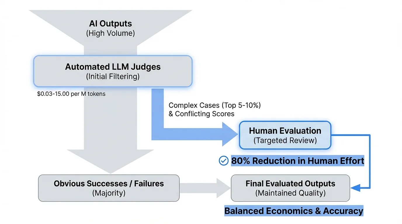 A flowchart or funnel diagram showing the hybrid evaluation workflow: automated LLM judges filtering the majority of outputs, with a smaller subset being escalated to human reviewers, including cost savings percentages at each stage.