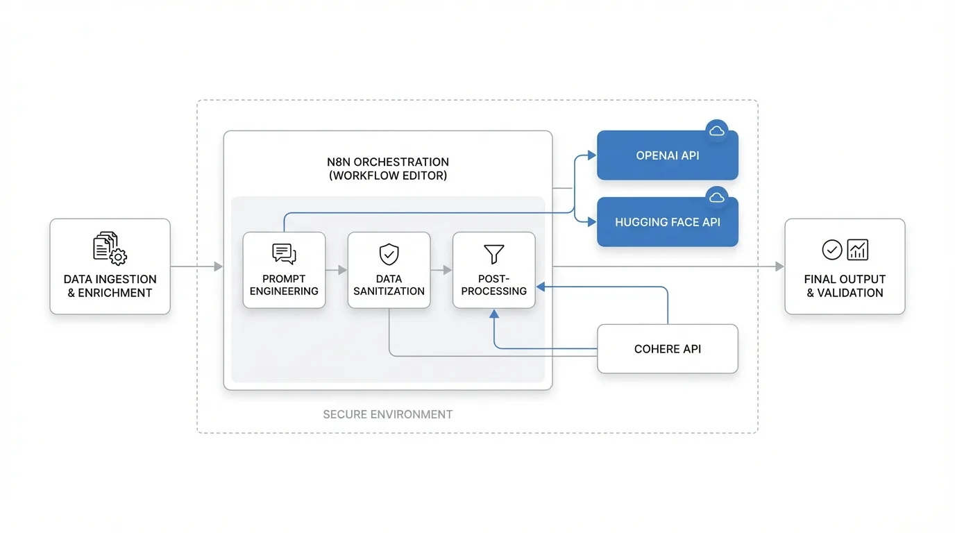 A visual workflow showing an AI orchestration pipeline with nodes for data preprocessing, LLM API calls (OpenAI, Hugging Face), prompt engineering steps, and output validation, illustrating how sensitive data stays on-premises while only sanitized prompts reach external APIs.