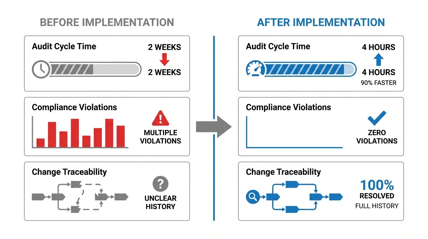 A before-and-after comparison chart or dashboard showing the dramatic improvement in audit metrics: 2 weeks vs 4 hours for audits, zero violations, and 100% traceability, with visual indicators like speedometers or progress bars.
