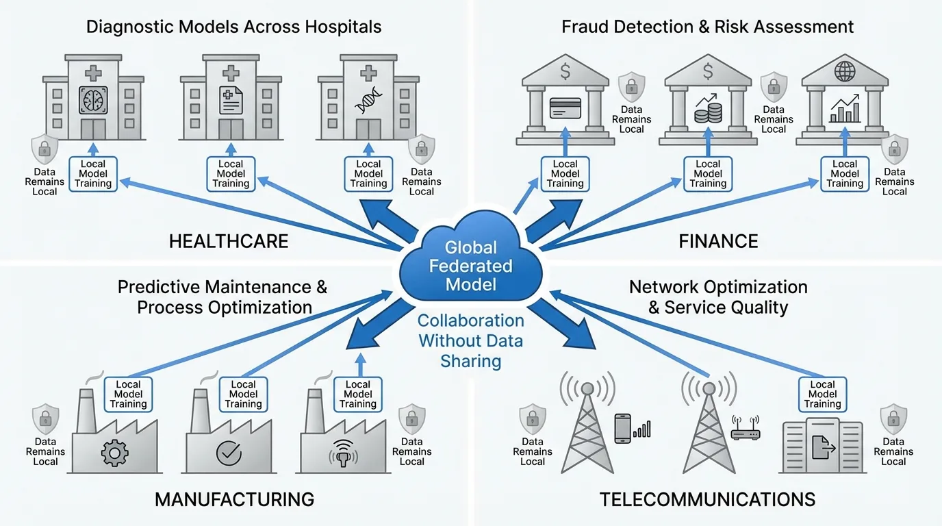 An infographic showing four industry use cases (healthcare, finance, manufacturing, telecommunications) with icons and brief visual representations of how federated learning enables collaboration while maintaining data sovereignty in each sector.