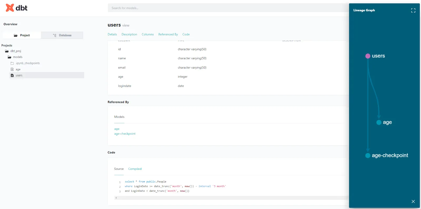 Screenshot of dbt