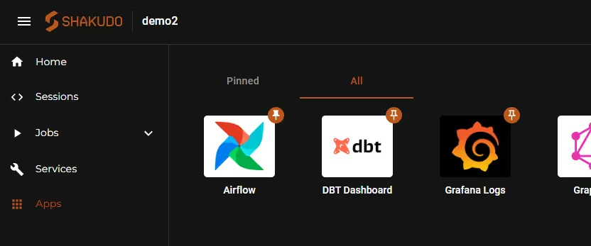 Apps tab on Shakudo