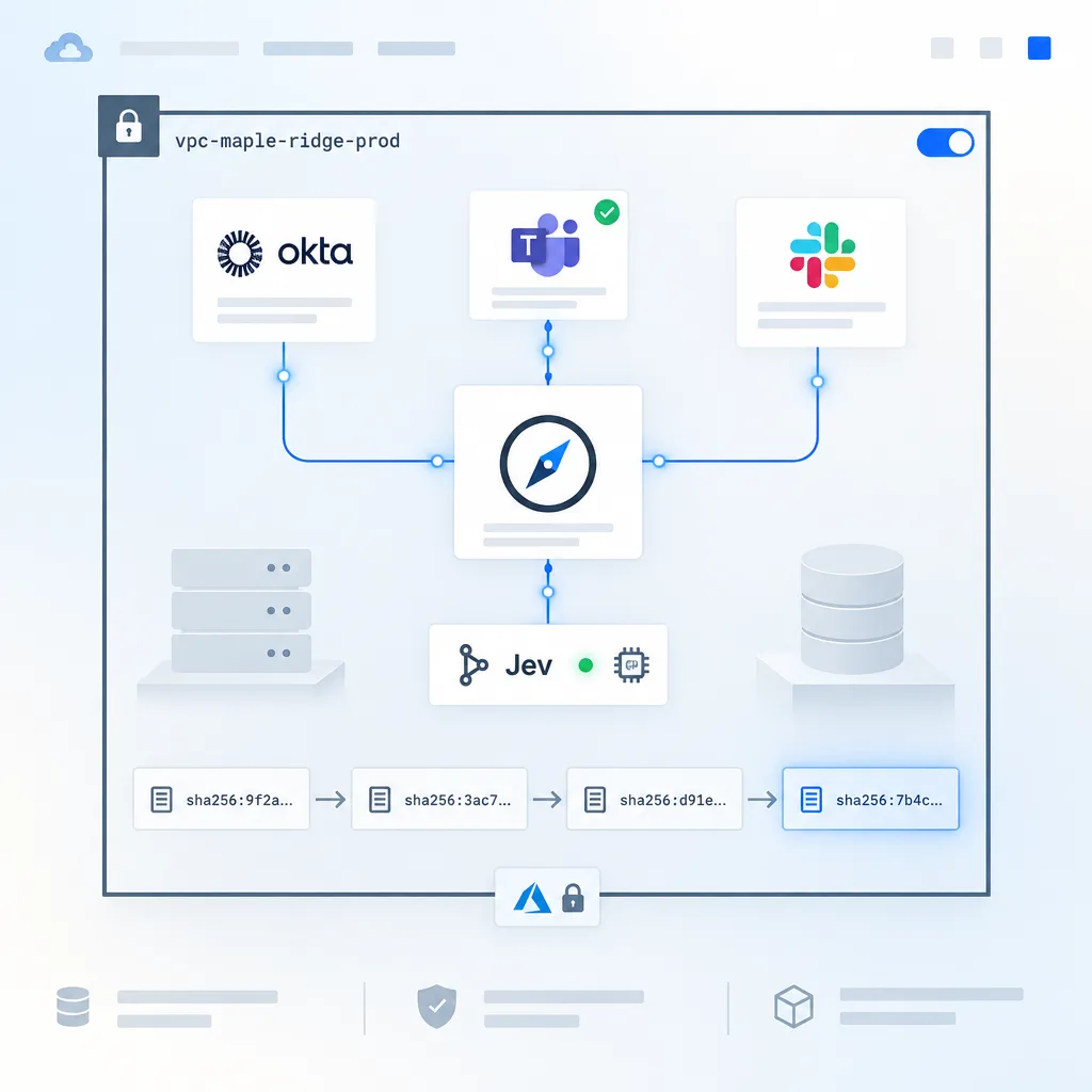Compass running inside a customer VPC, connected to Okta, Slack, and Teams, with an audit chain of sha256 hashes