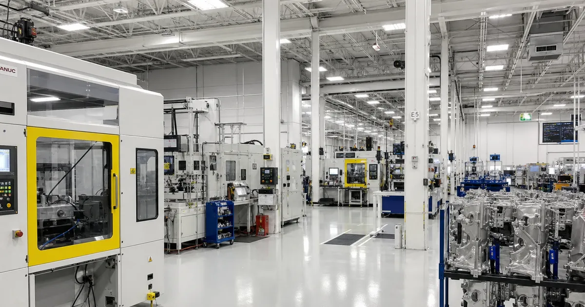 An industrial robot arm beside a factory worker, torso visible, amber and blue lighting on a factory floor