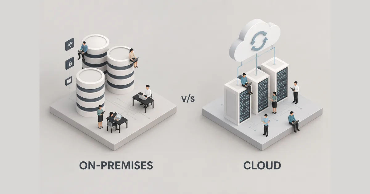 An isometric comparison of an on-premises data room with storage cylinders against a server-rack cloud, labeled ON-PREMISES v/s CLOUD