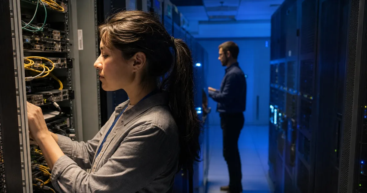 A technician's hand rests on a server rack in a dark data center with amber overhead lighting