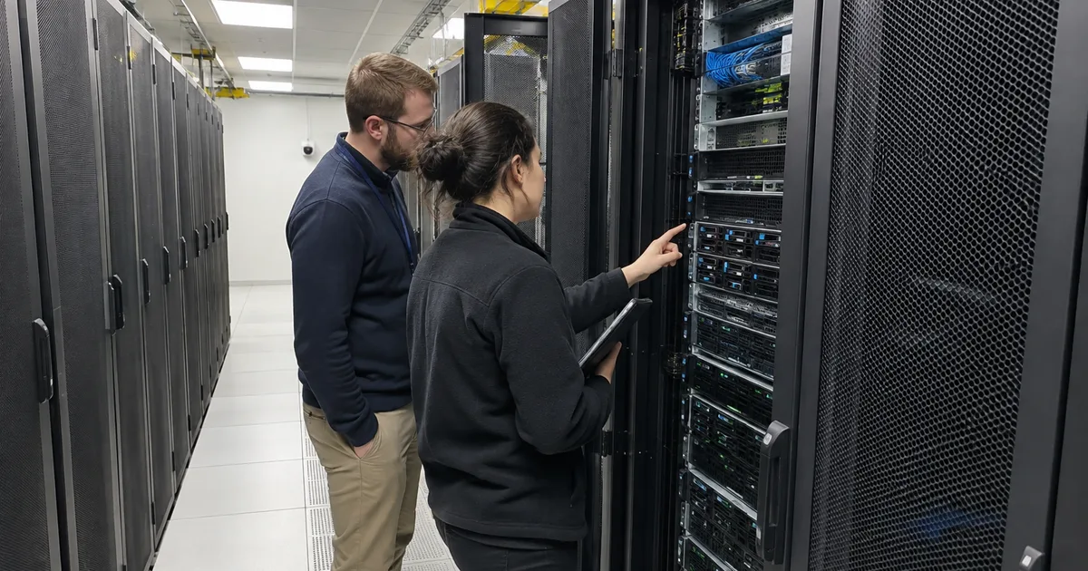 Two data center technicians inspecting an open server rack in a dark server hall with rows of cabinets