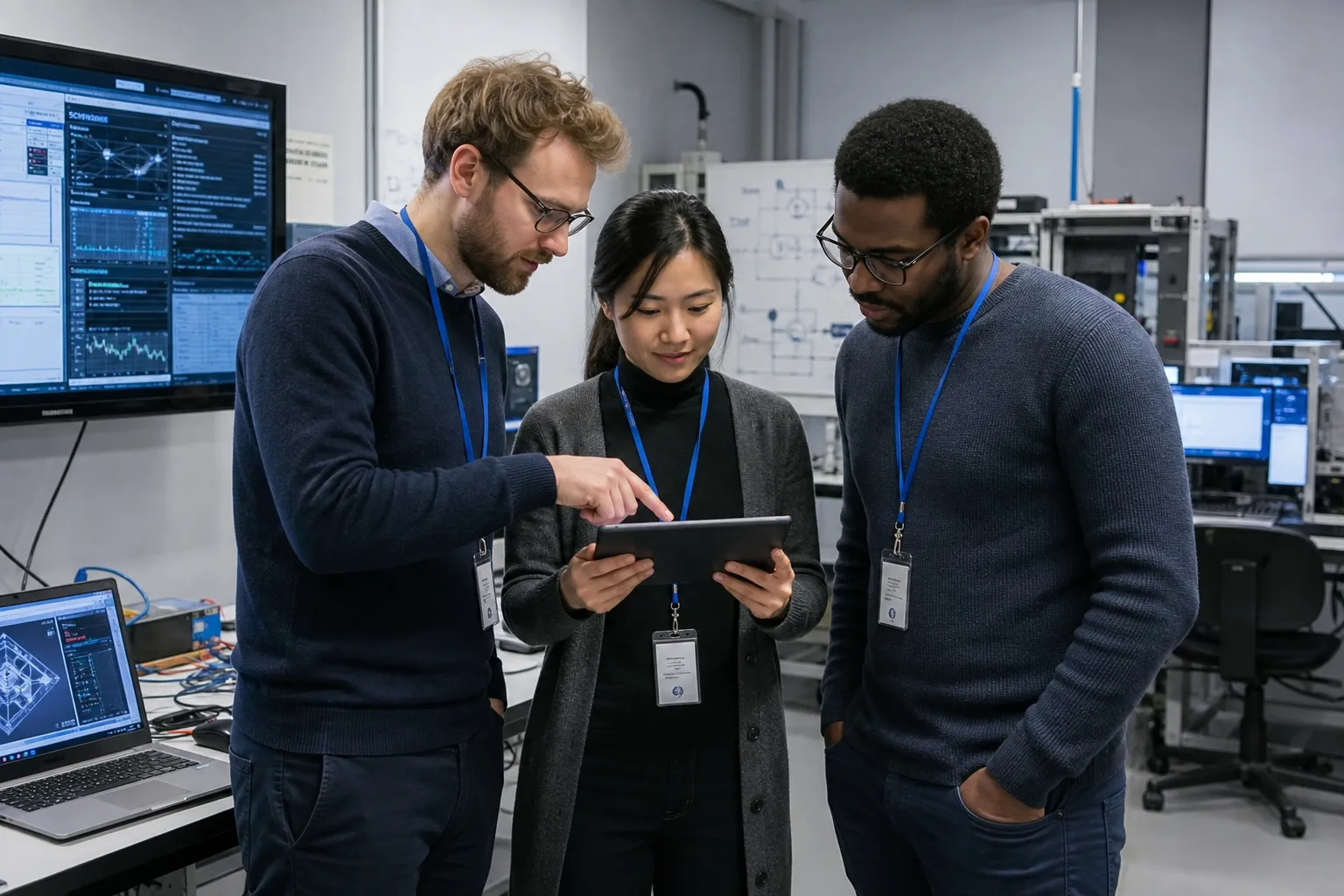 Three colleagues in lanyards gathered around a tablet in a technology lab with monitors and equipment